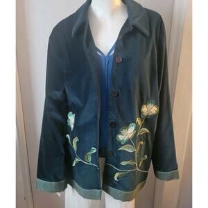 Jessica Holbrook Womens L Jacket Green Velvet Velour Floral Embroidered Boho